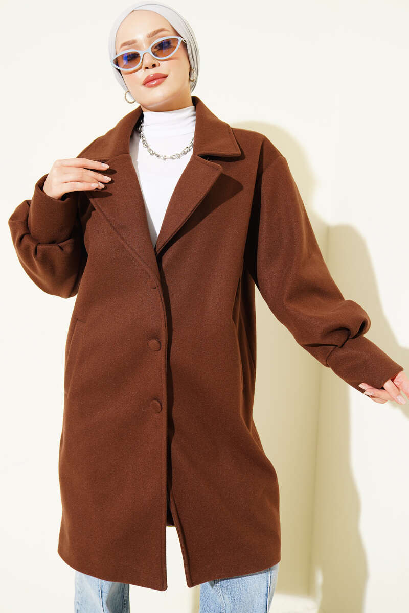 Double-Breasted Felt Coat with Puff Sleeves - Brown