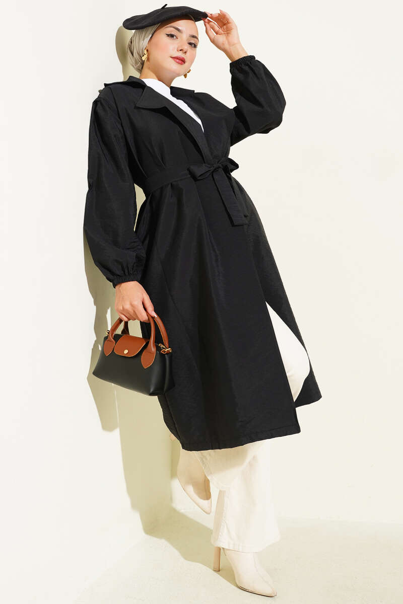 Belted Balloon-Sleeve Trench Coat with Wrap Collar - Black