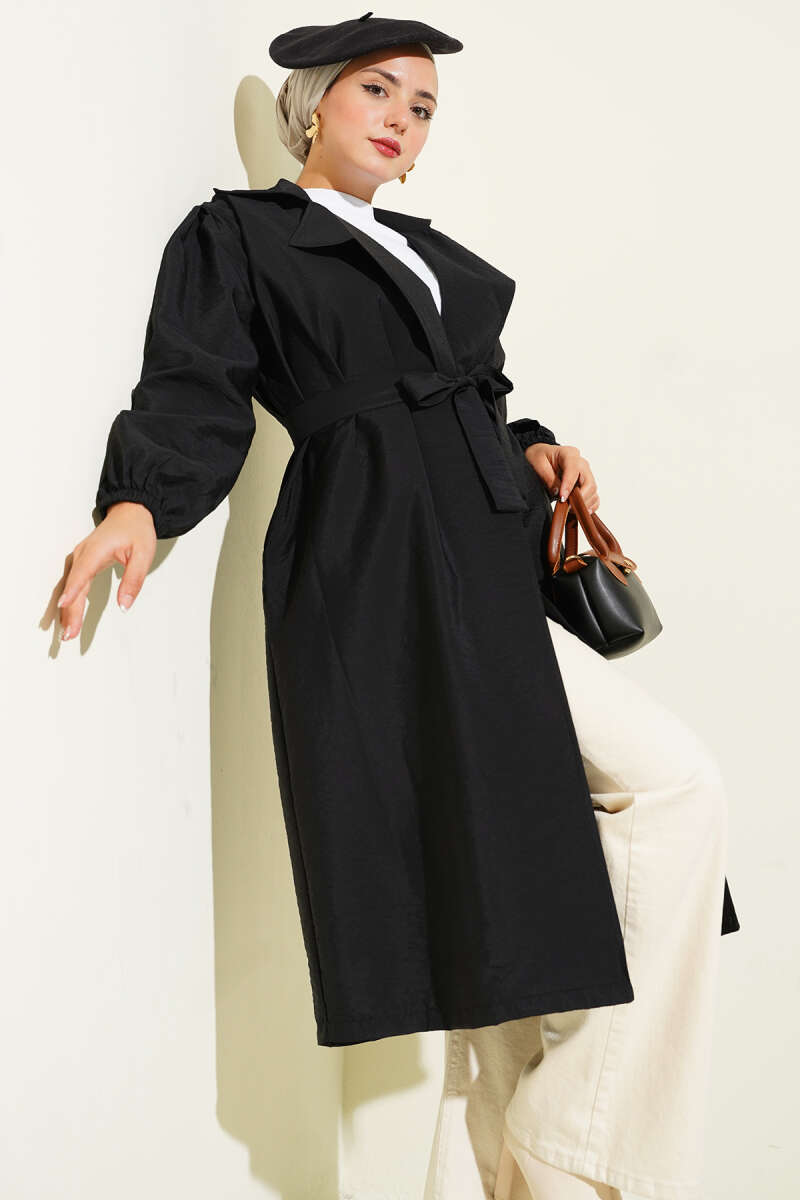 Belted Balloon-Sleeve Trench Coat with Wrap Collar - Black