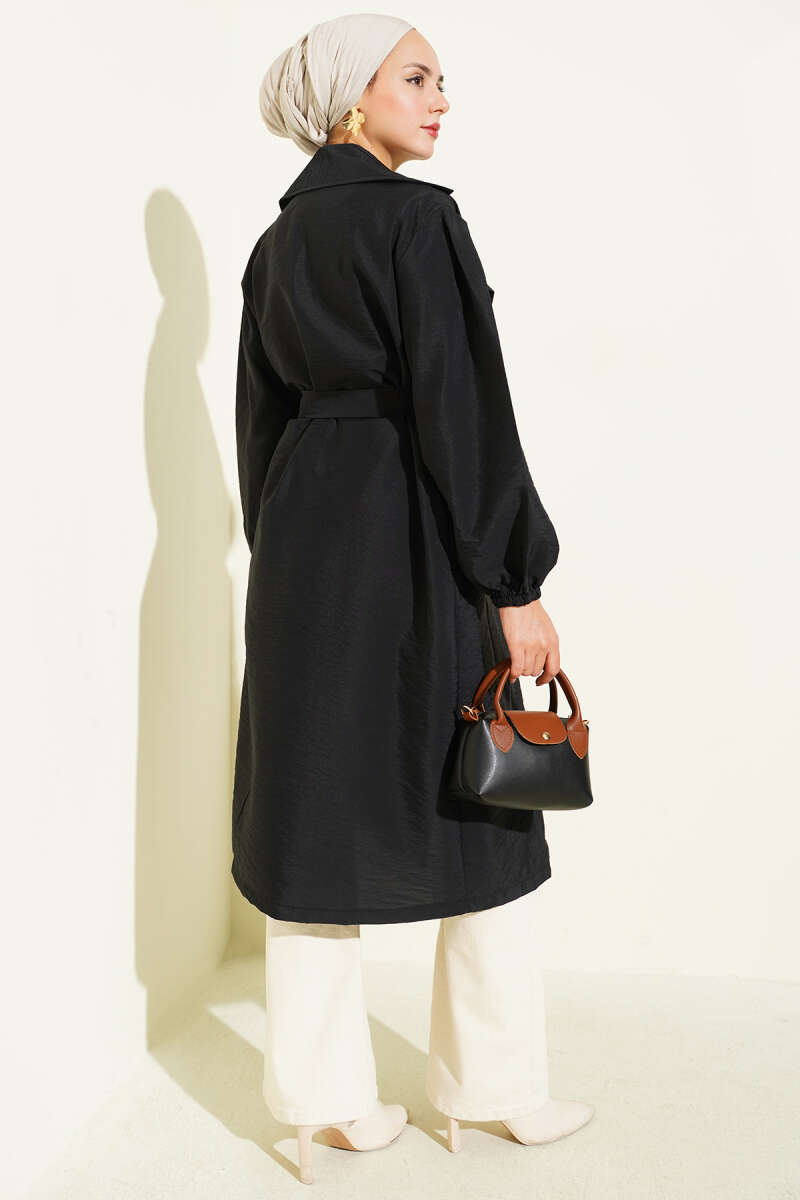 Belted Balloon-Sleeve Trench Coat with Wrap Collar - Black