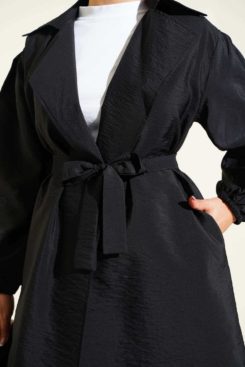 Belted Balloon-Sleeve Trench Coat with Wrap Collar - Black