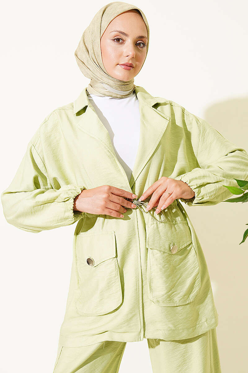 Wrap-Collar Set with Elastic Drawstring Waist - Almond Green