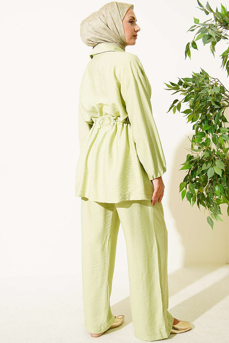 Wrap-Collar Set with Elastic Drawstring Waist - Almond Green