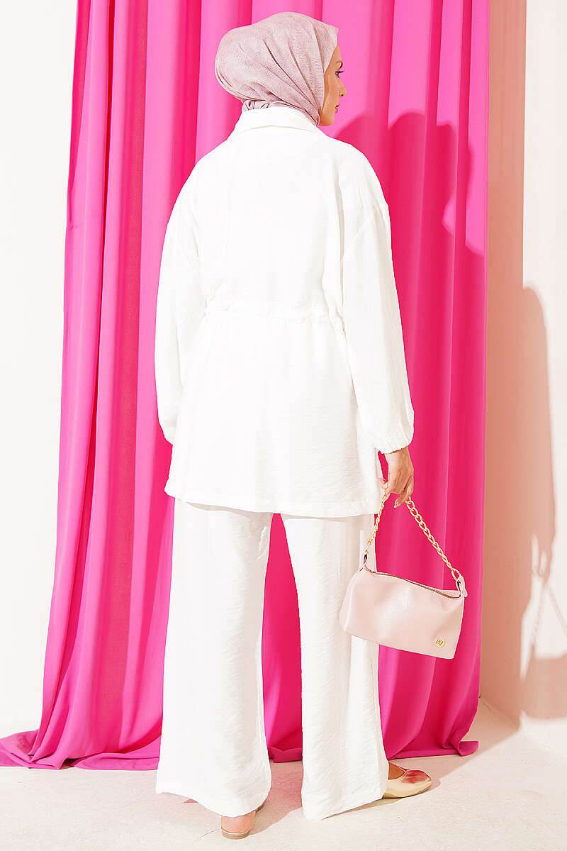 Wrap-Collar Set with Elastic Drawstring Waist - Ecru
