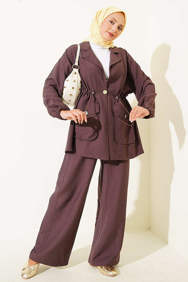 Wrap-Collar Set with Elastic Drawstring Waist - Brown