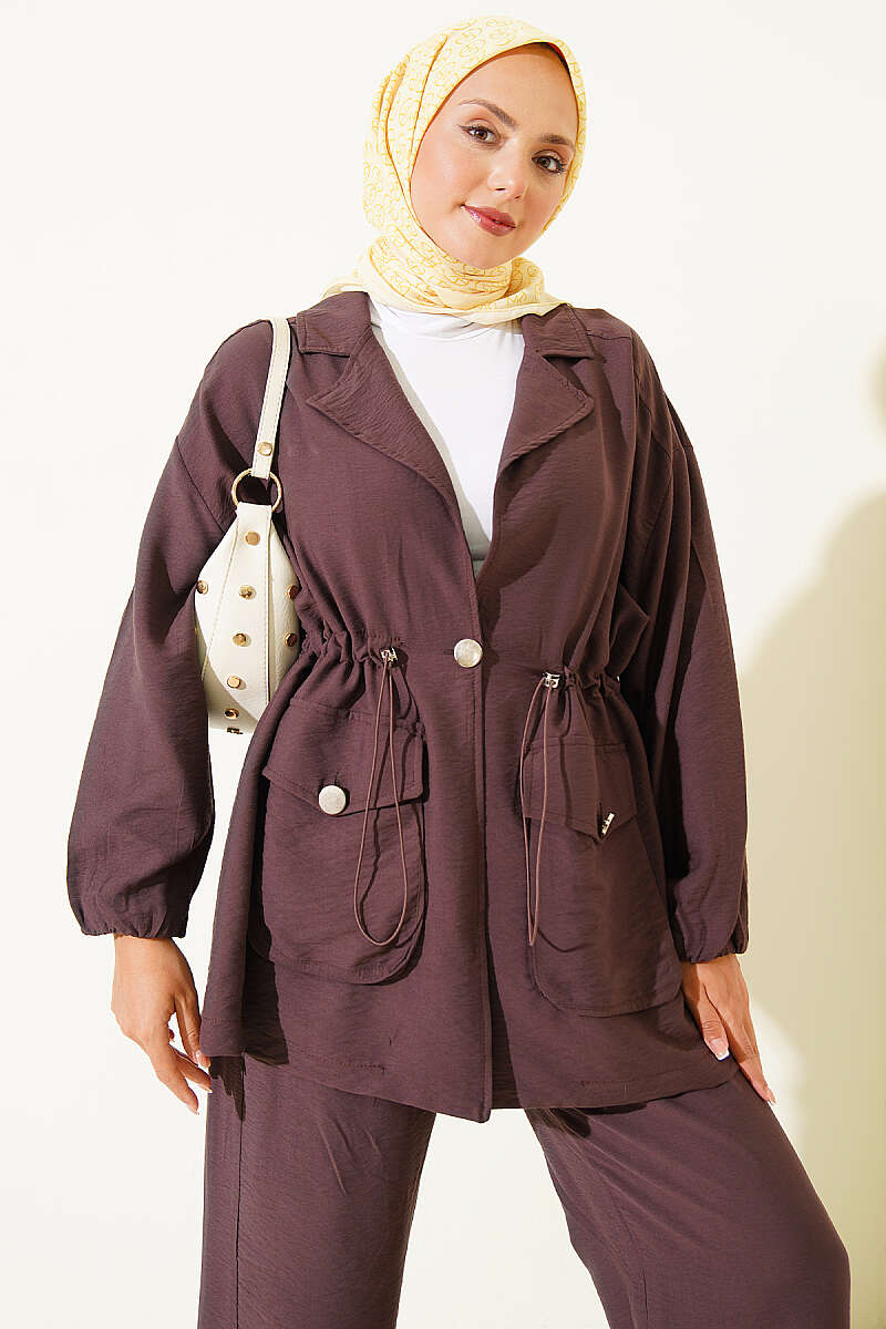 Wrap-Collar Set with Elastic Drawstring Waist - Brown