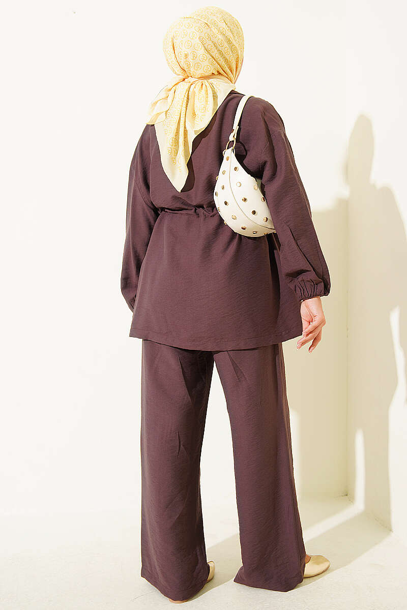 Wrap-Collar Set with Elastic Drawstring Waist - Brown