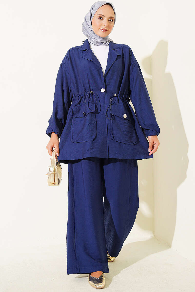 Wrap-Collar Set with Elastic Drawstring Waist - Navy