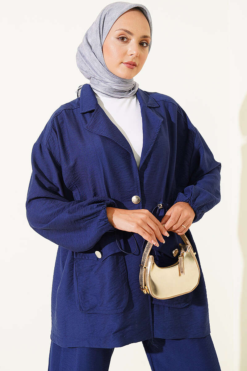 Wrap-Collar Set with Elastic Drawstring Waist - Navy