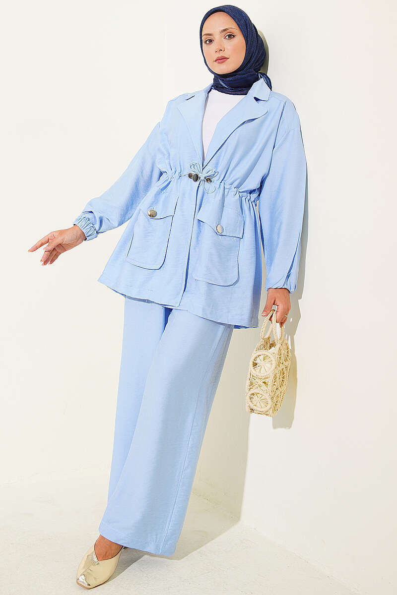 Wrap-Collar Set with Elastic Drawstring Waist - Blue