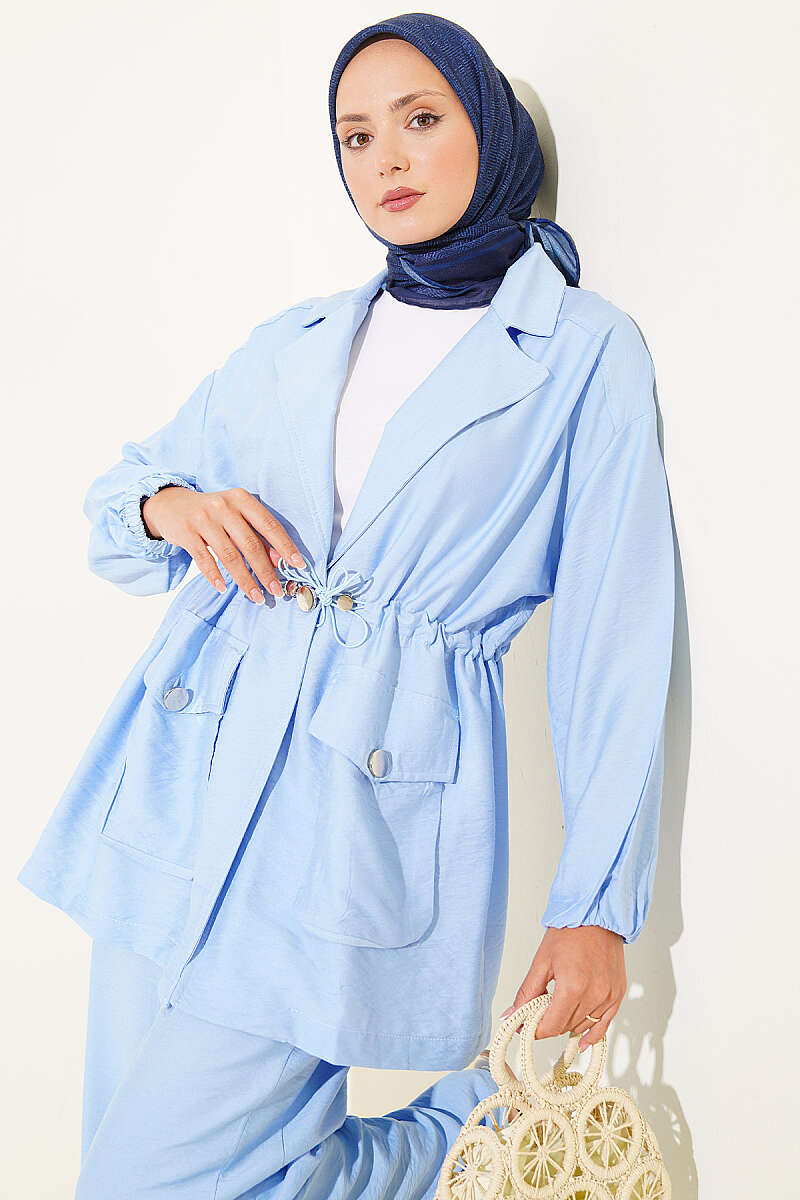 Wrap-Collar Set with Elastic Drawstring Waist - Blue