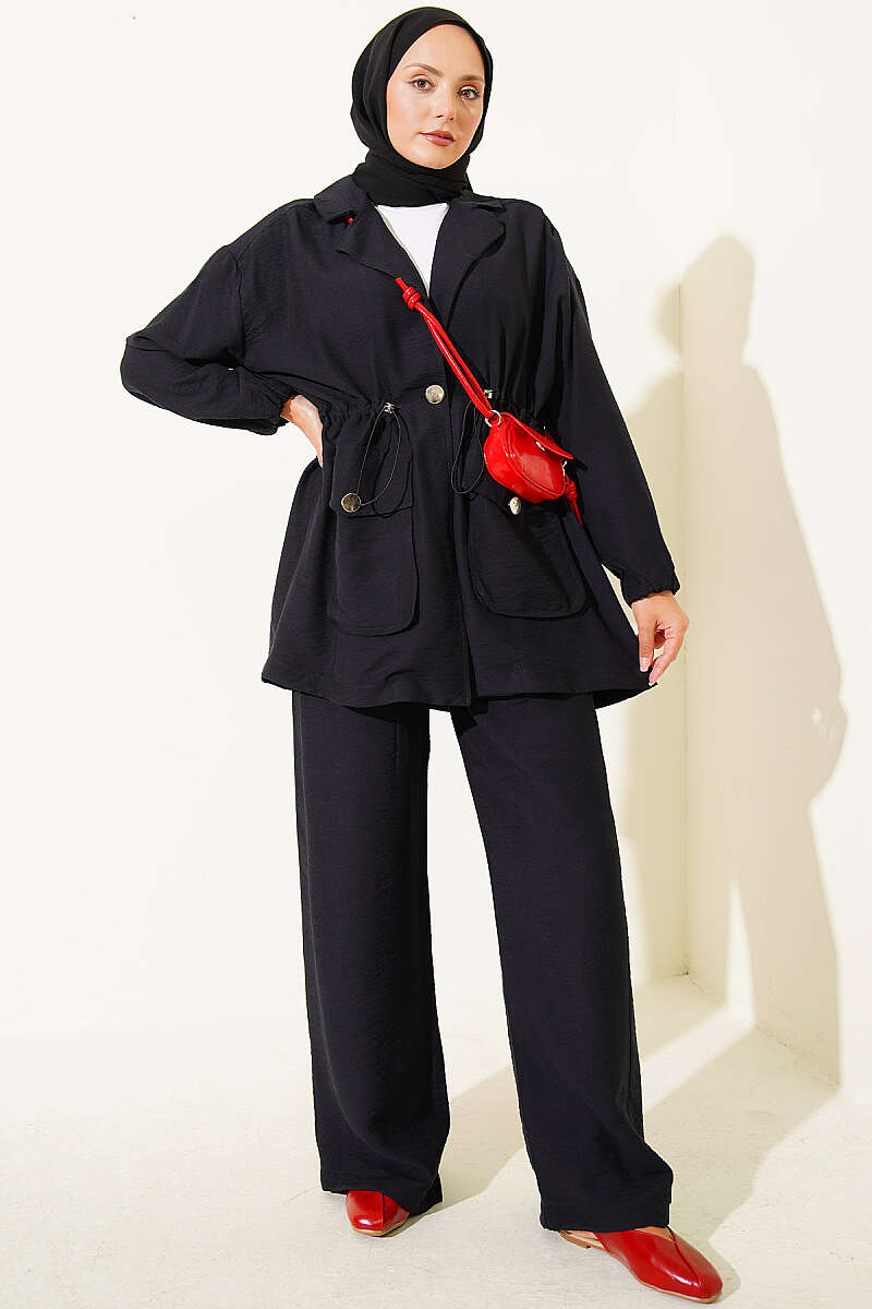 Wrap-Collar Set with Elastic Drawstring Waist - Black
