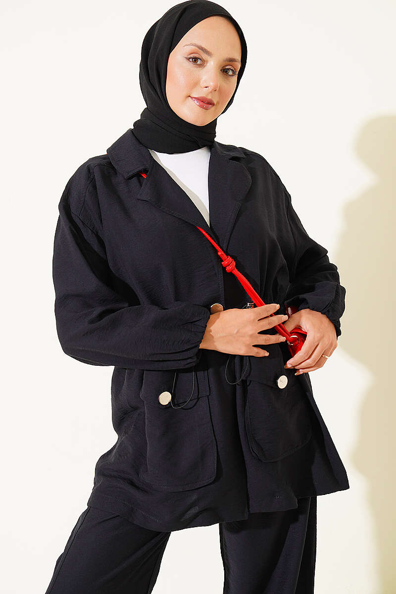 Wrap-Collar Set with Elastic Drawstring Waist - Black