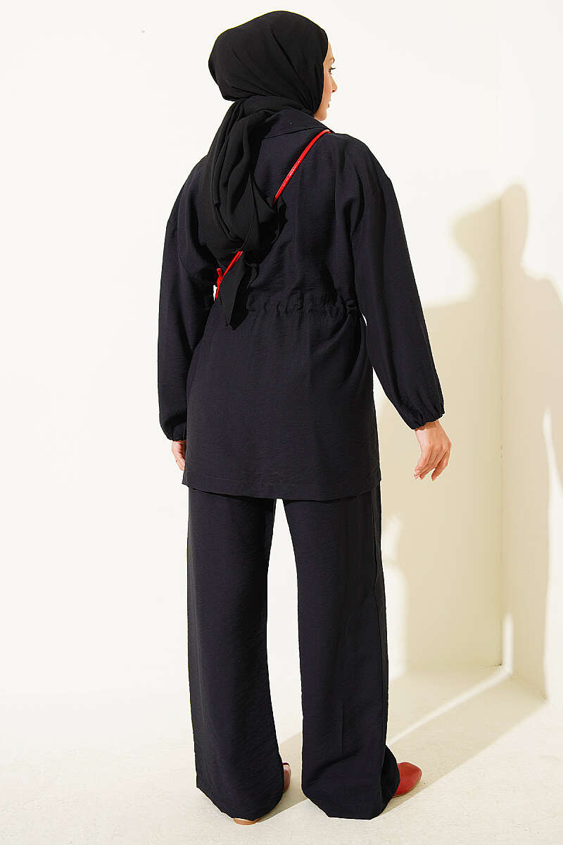 Wrap-Collar Set with Elastic Drawstring Waist - Black