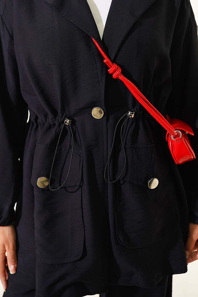 Wrap-Collar Set with Elastic Drawstring Waist - Black