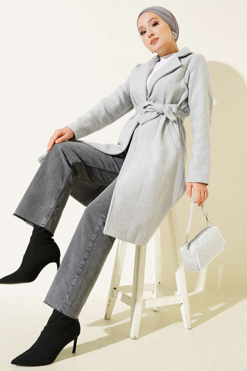 Belted Double-Breasted Coat - Grey