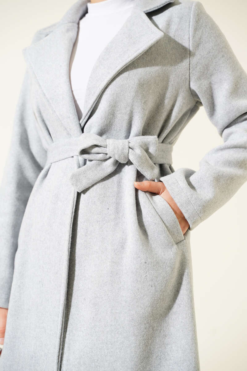 Belted Double-Breasted Coat - Grey