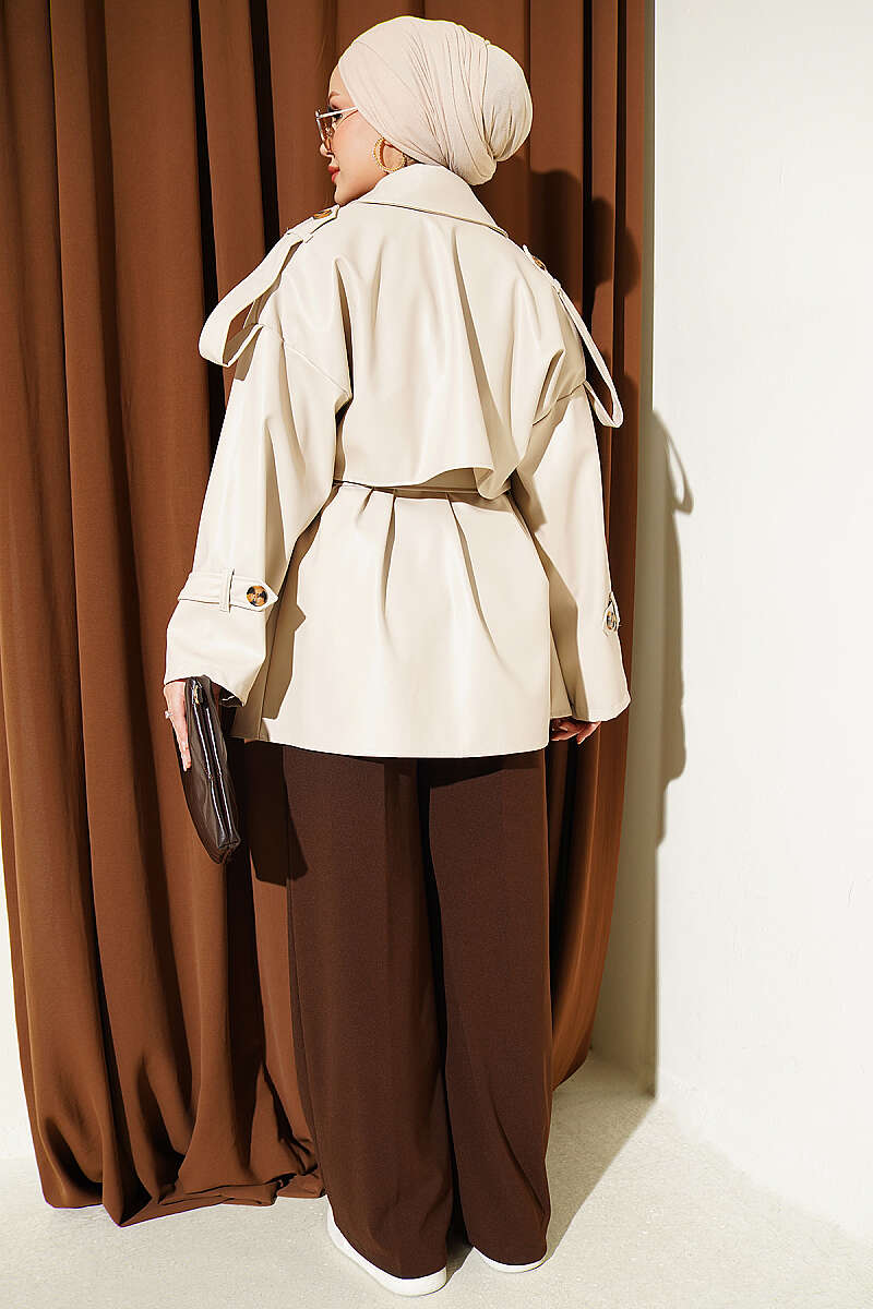 Belted Double-Breasted Leather Jacket - Beige