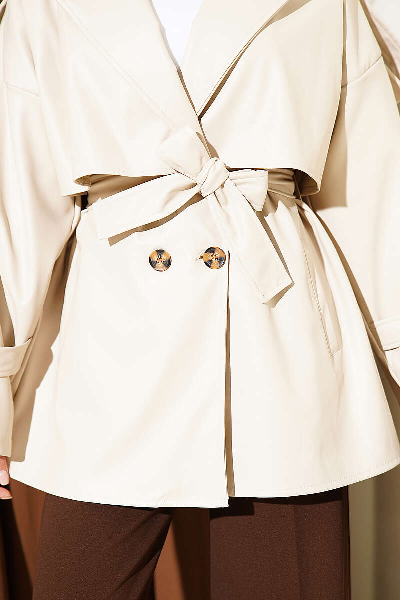 Belted Double-Breasted Leather Jacket - Beige
