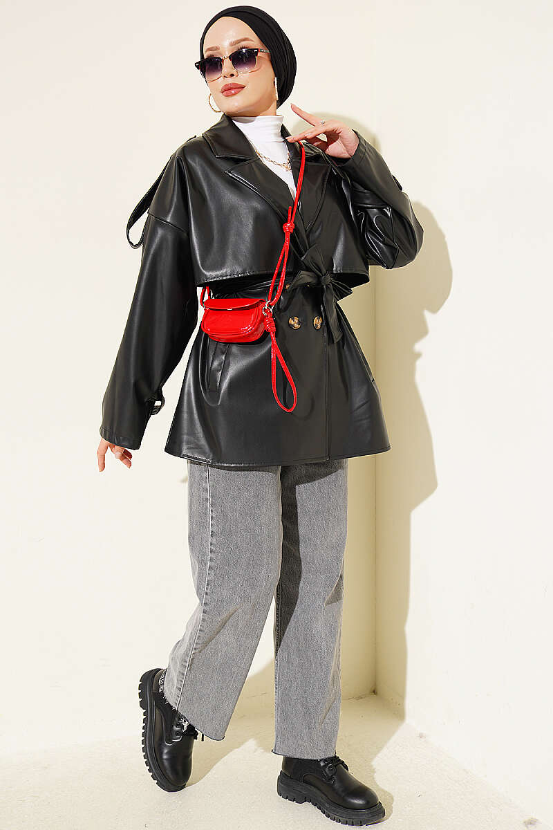 Belted Double-Breasted Leather Jacket - Black