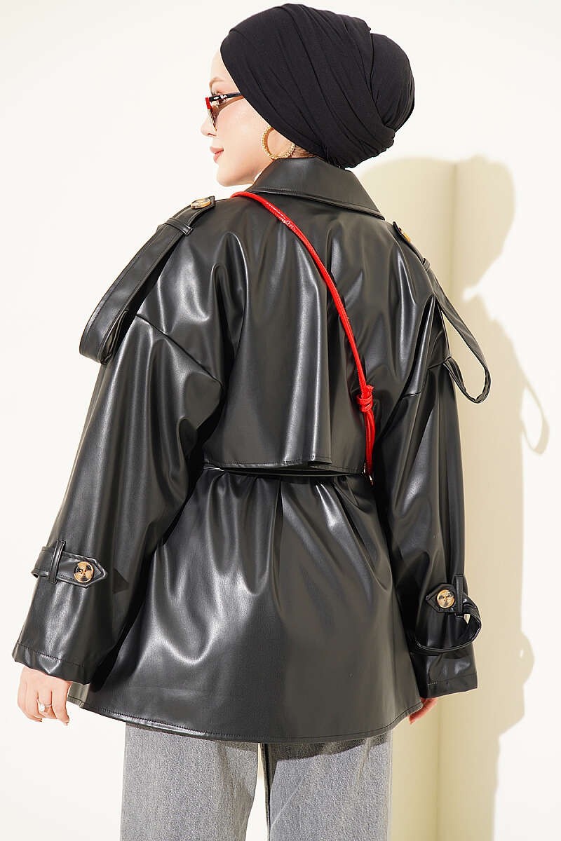 Belted Double-Breasted Leather Jacket - Black