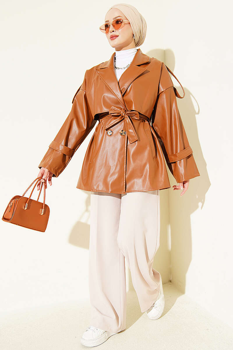 Belted Double-Breasted Leather Jacket - Tan