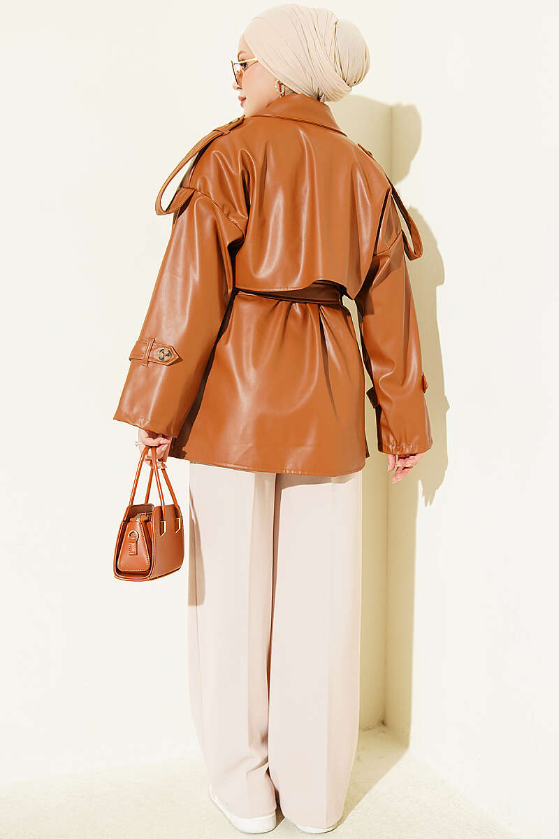 Belted Double-Breasted Leather Jacket - Tan