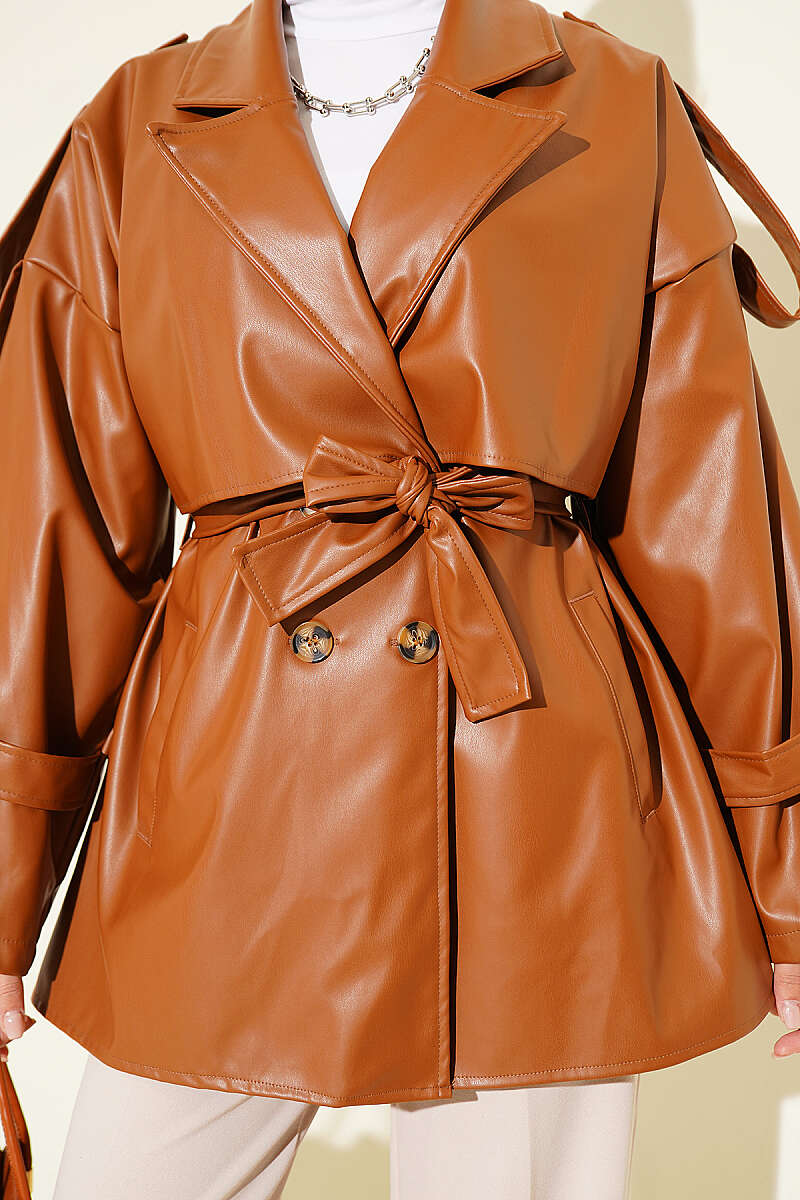 Belted Double-Breasted Leather Jacket - Tan