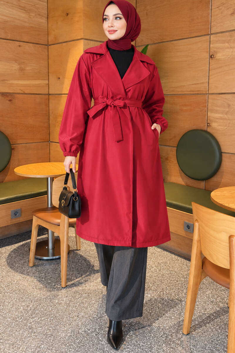 Double-Breasted Trench Coat with Elastic Cuffs - Burgundy