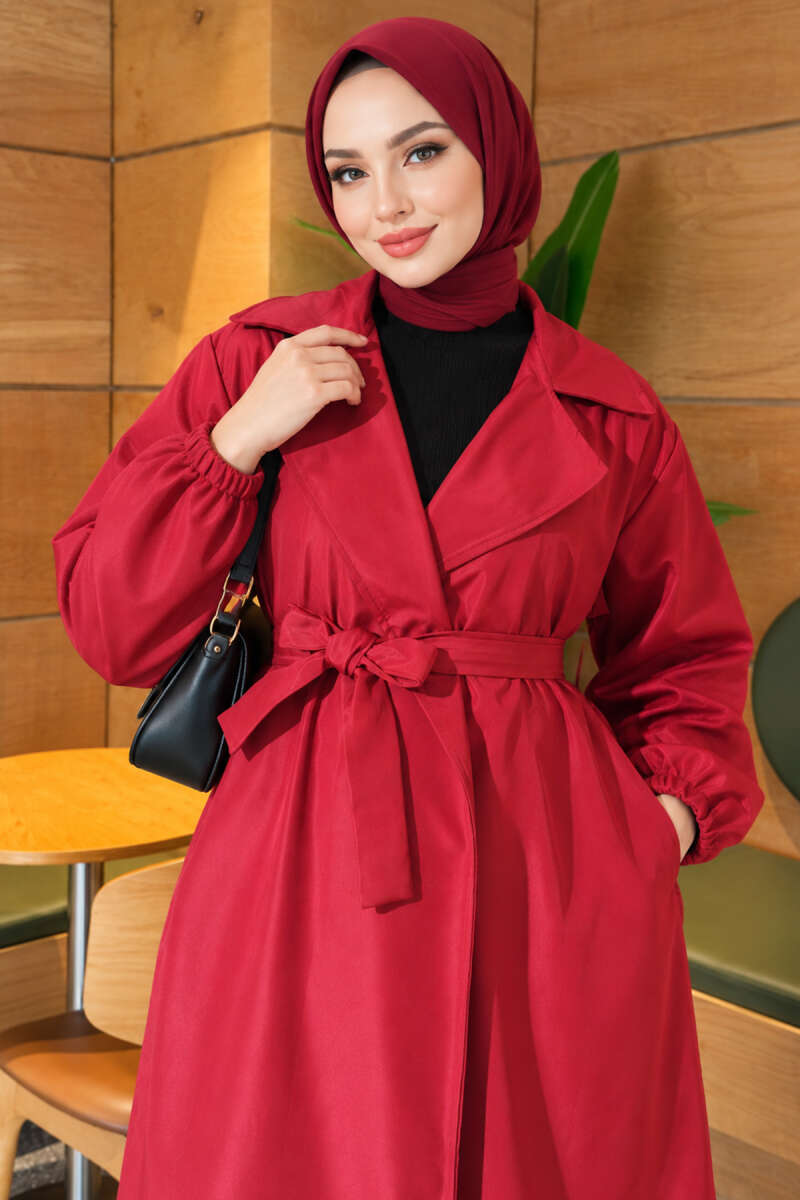 Double-Breasted Trench Coat with Elastic Cuffs - Burgundy