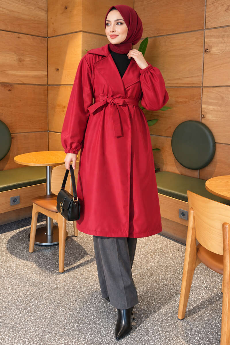 Double-Breasted Trench Coat with Elastic Cuffs - Burgundy