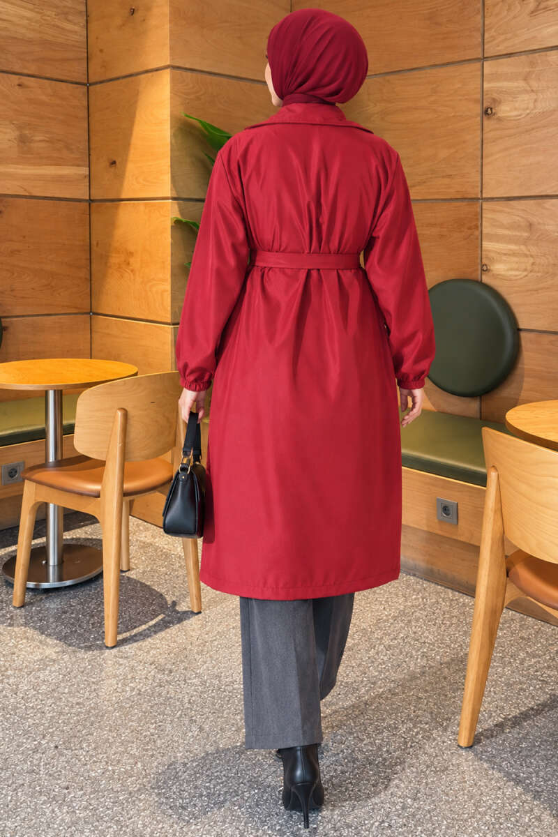 Double-Breasted Trench Coat with Elastic Cuffs - Burgundy