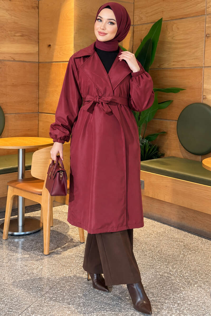 Double-Breasted Trench Coat with Elastic Cuffs - Plum