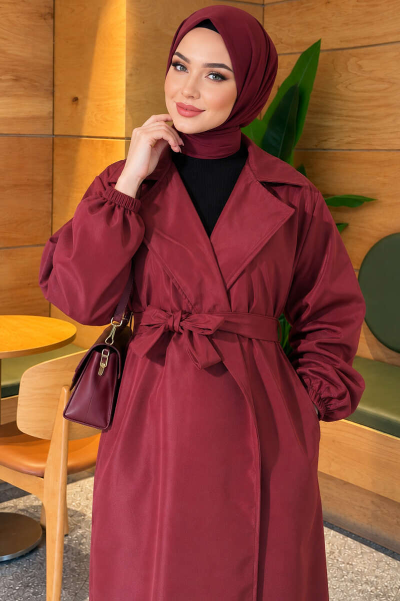 Double-Breasted Trench Coat with Elastic Cuffs - Plum