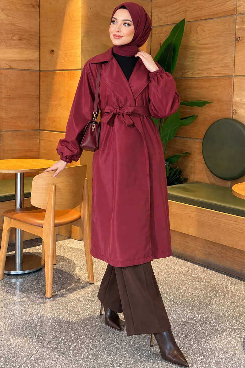 Double-Breasted Trench Coat with Elastic Cuffs - Plum