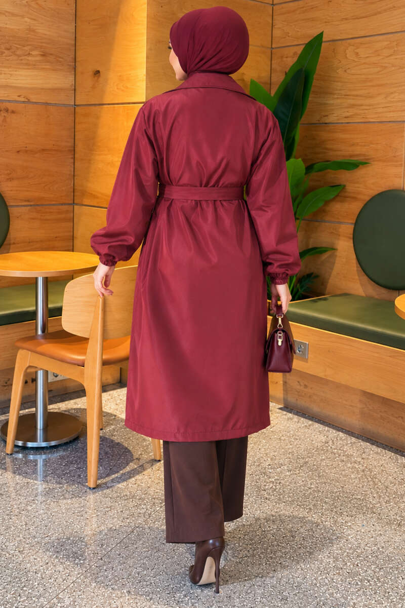 Double-Breasted Trench Coat with Elastic Cuffs - Plum