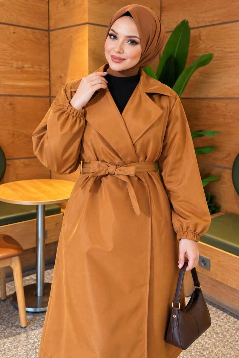 Double-Breasted Trench Coat with Elastic Cuffs - Tan