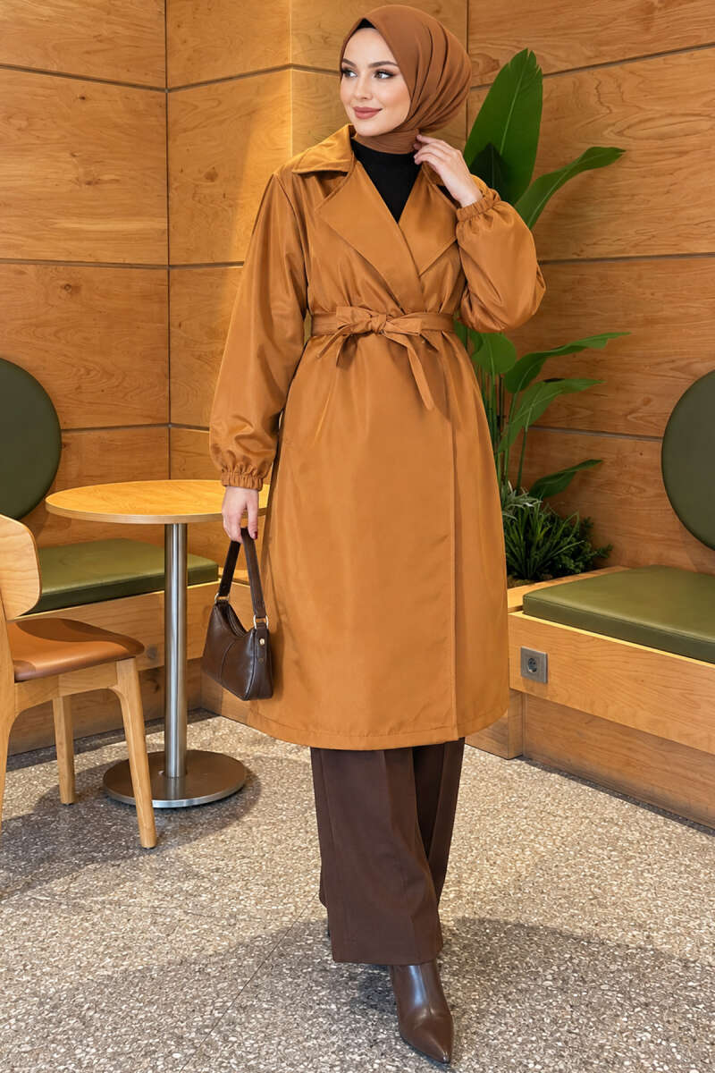 Double-Breasted Trench Coat with Elastic Cuffs - Tan
