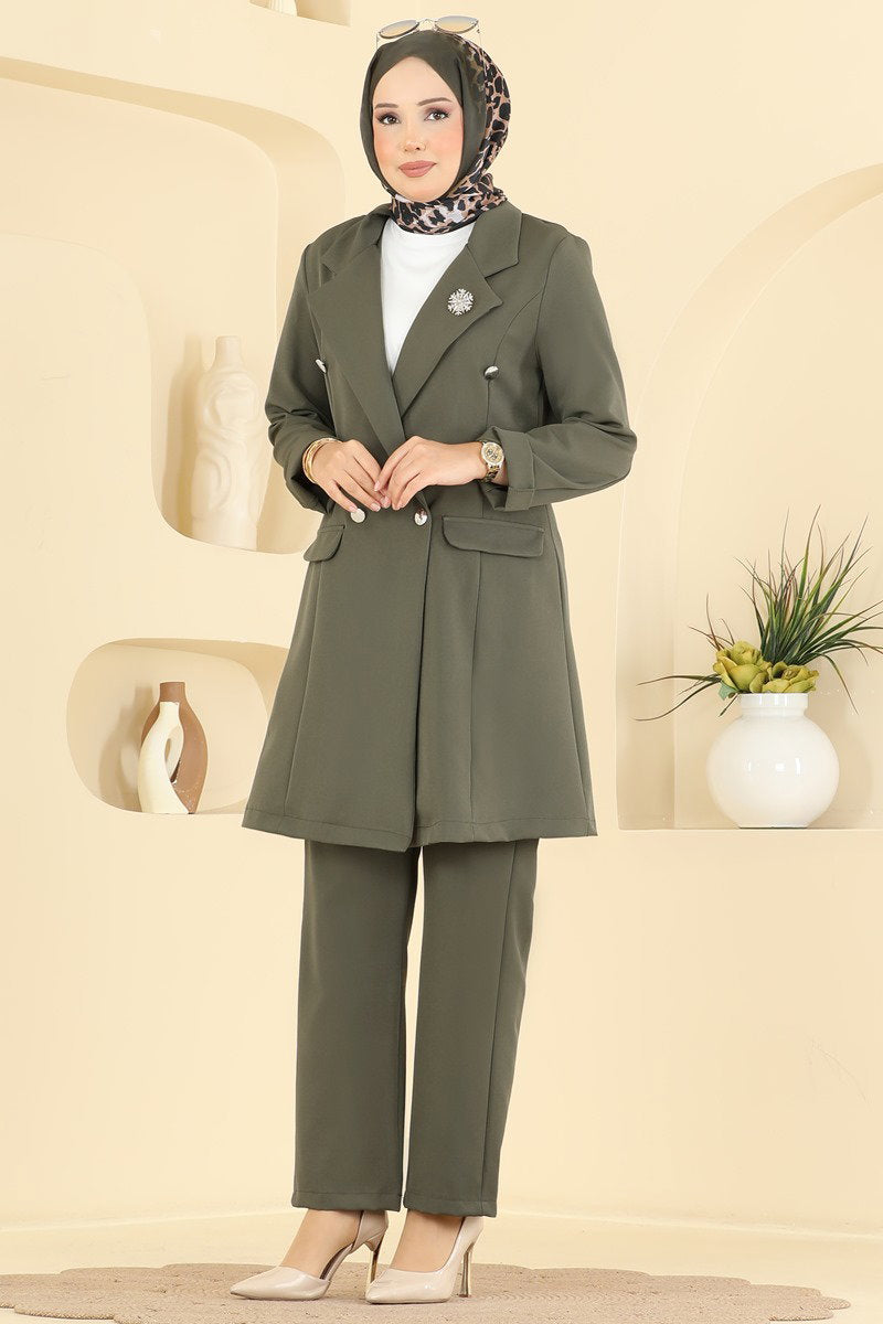 Double-Breasted Jacket Set - Khaki