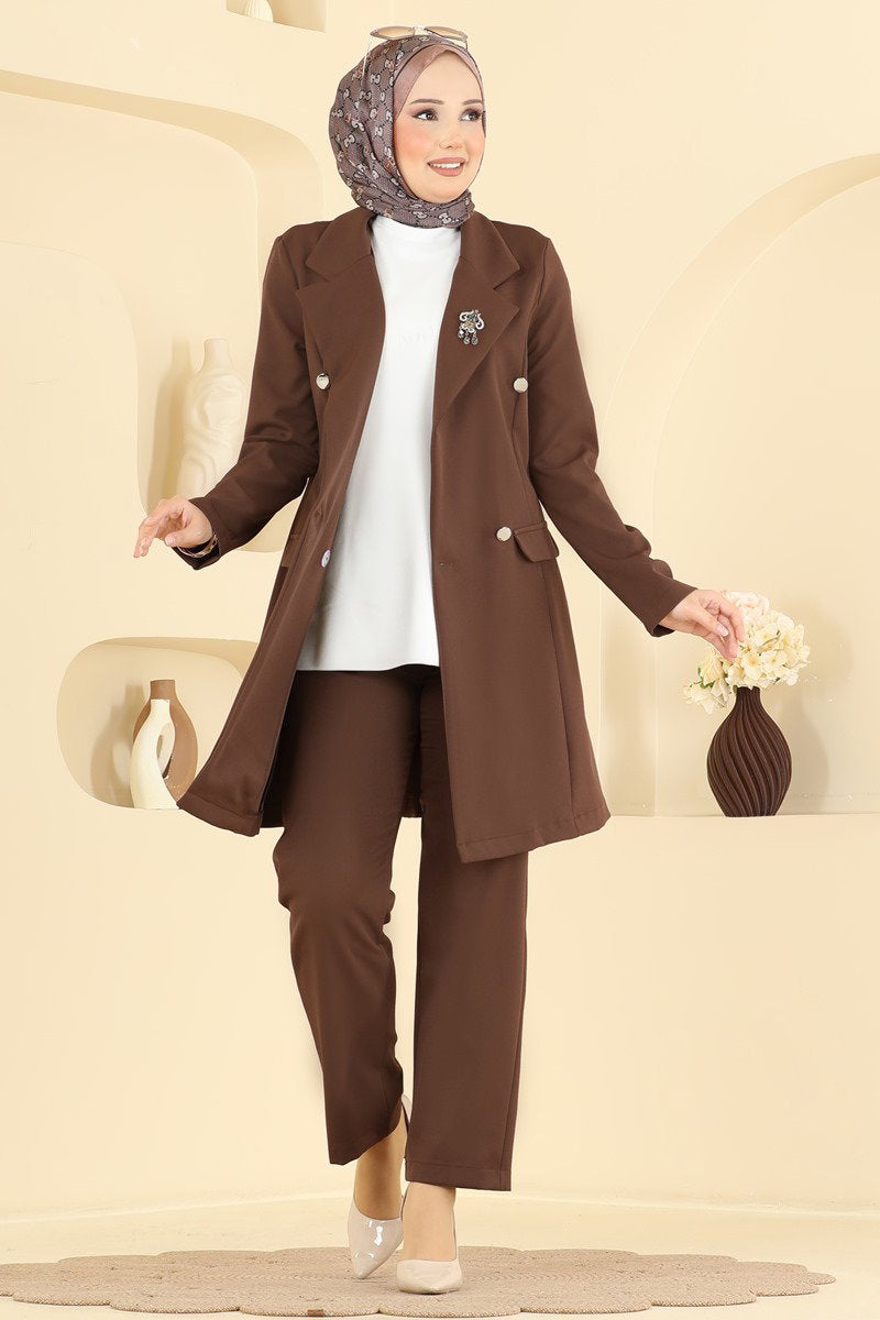 Double-Breasted Jacket Set - Brown