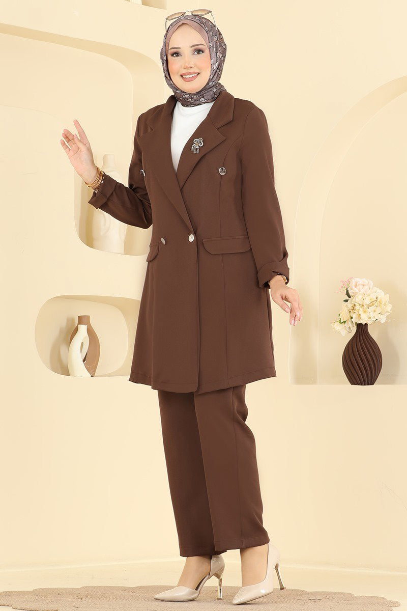 Double-Breasted Jacket Set - Brown