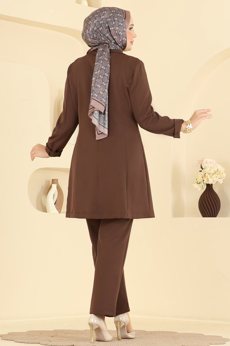Double-Breasted Jacket Set - Brown