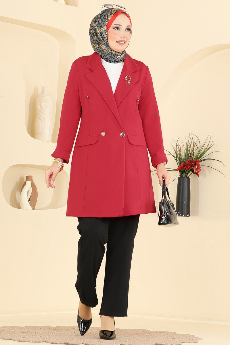 Double-Breasted Jacket Set - Red-Black