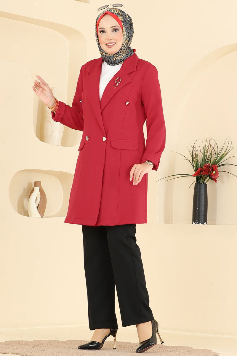 Double-Breasted Jacket Set - Red-Black