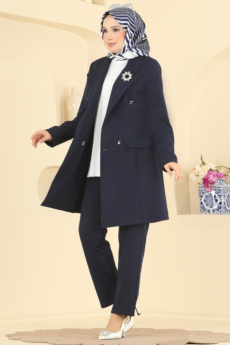 Double-Breasted Jacket Set - Navy