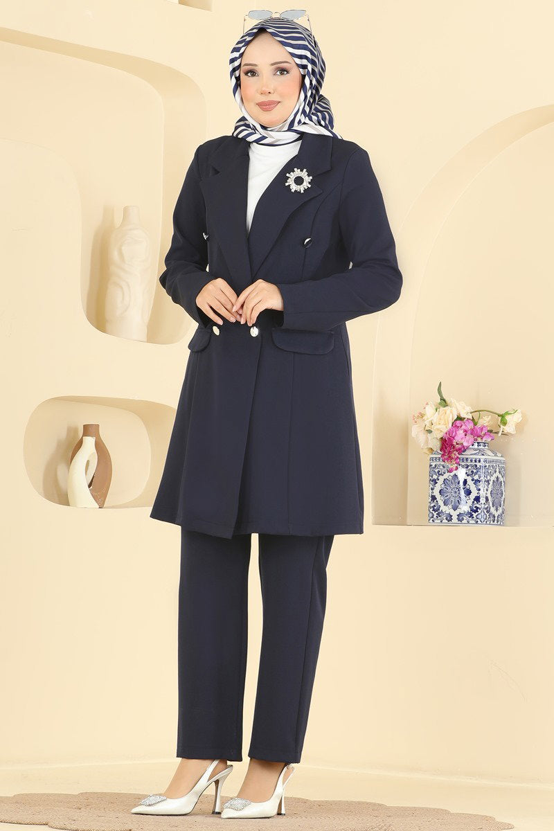 Double-Breasted Jacket Set - Navy