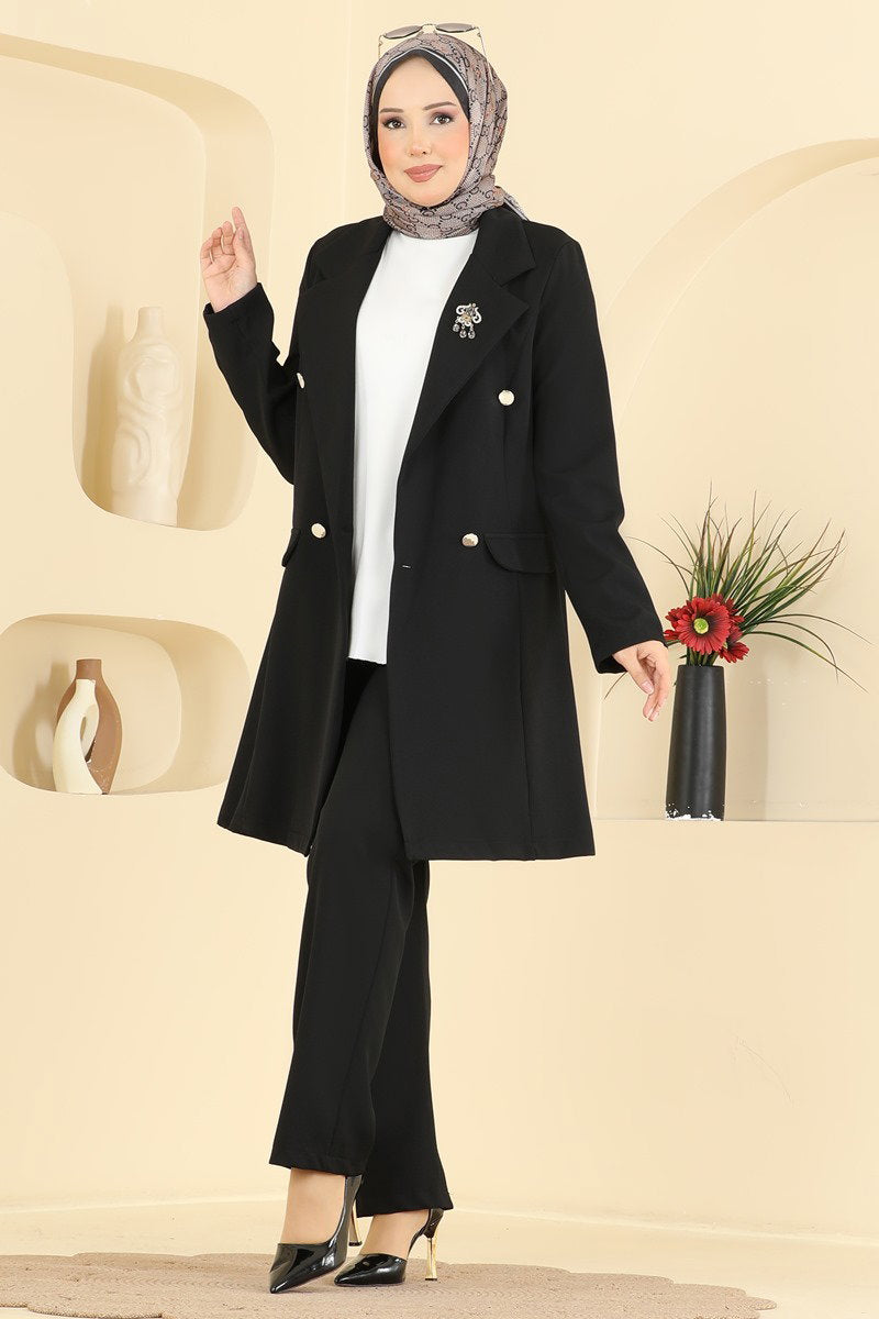 Double-Breasted Jacket Set - Black