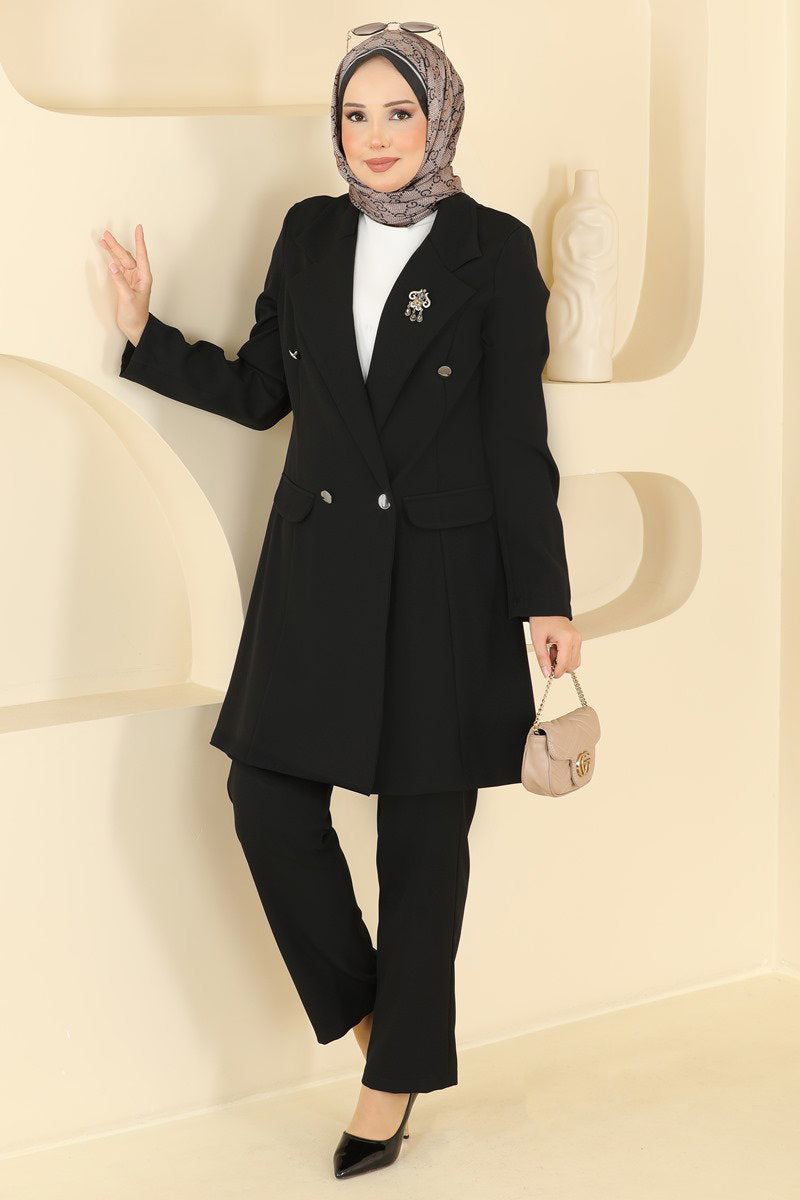 Double-Breasted Jacket Set - Black