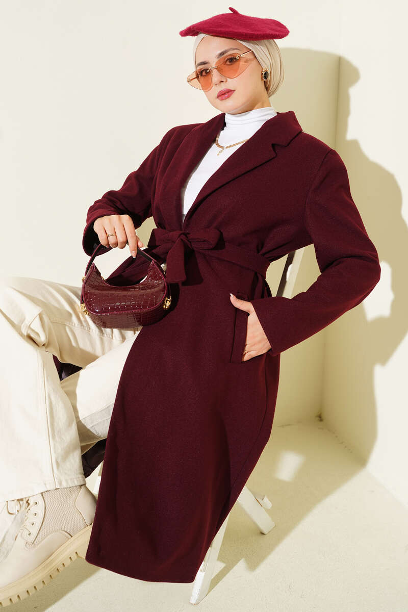 Double-Breasted Felt Coat with Pockets - Burgundy