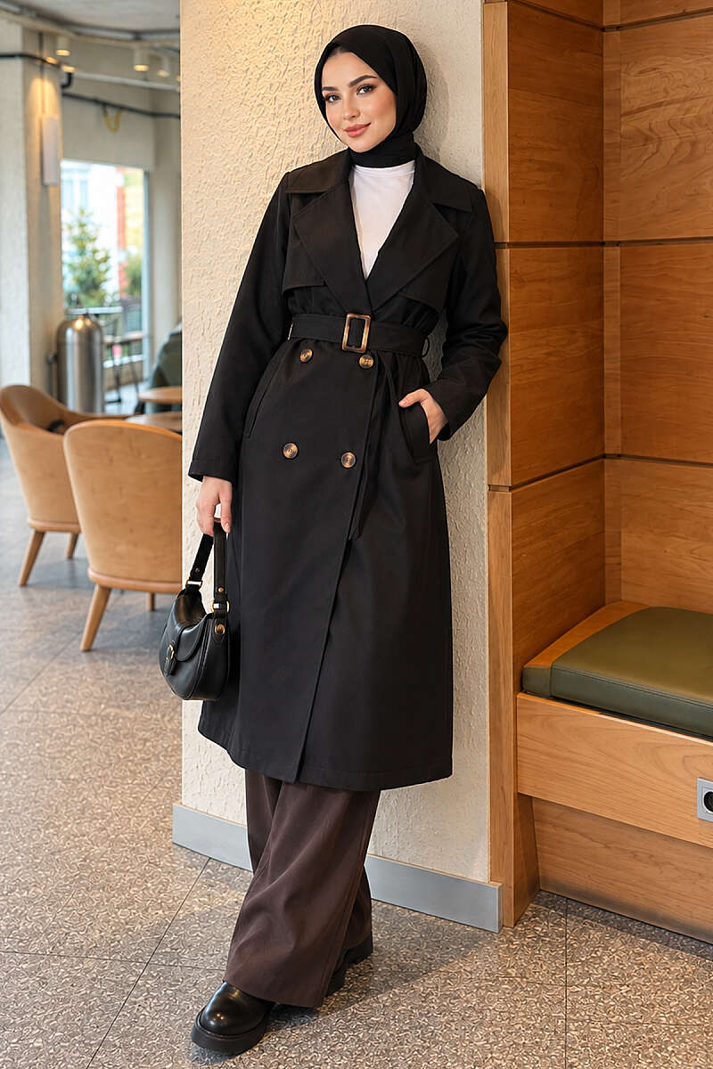 Belted Double-Breasted Trench Coat with Pockets - Black